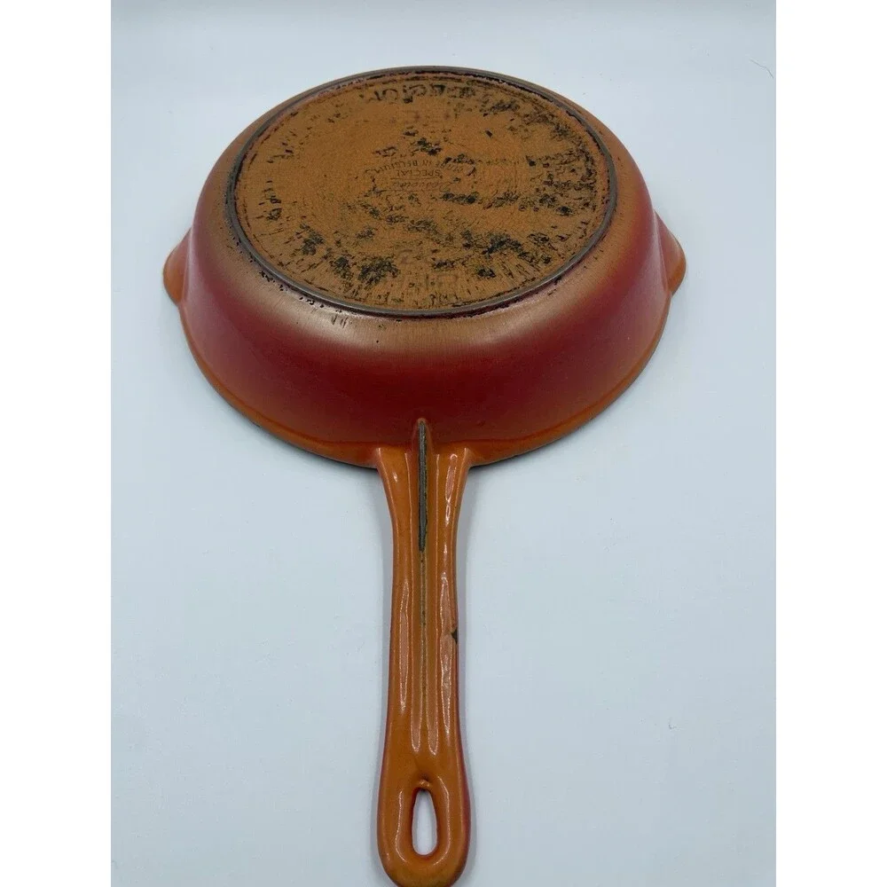 Vintage Descoware Flame Orange 9” Cast Iron Enamel Fry Pan Belgium